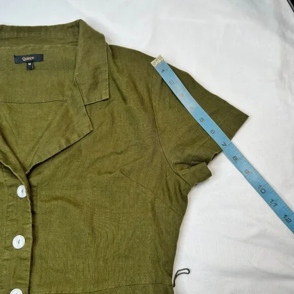 Quince European Linen Button Front Midi Dress Martini Olive Green Medium